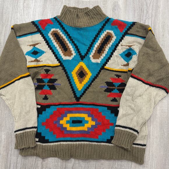 Vintage Geometric Knit Sweater Size Large Tribal Aztec Pullover 90s Native 1990s - Picture 2 of 6